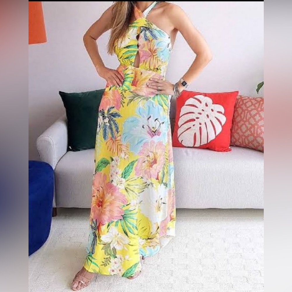 FARM RIO BRAZIL Tropical Floral Maxi Dress - Yellow and Multicolor